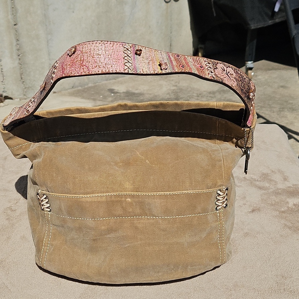 Vintage Fossil Khaki Canvas Shoulder Bag with Brown Trim